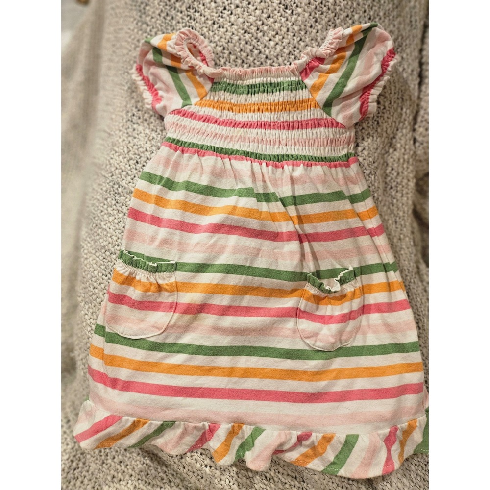 Faded Glory Baby Girl Striped Smocked Dress 18M Organic Cotton Y2K Pink Orange